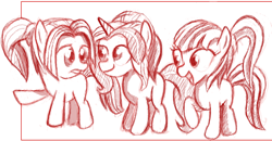 Size: 442x230 | Tagged: safe, artist:woox, adagio dazzle, aria blaze, sonata dusk, equestria girls, rainbow rocks, filly, flockmod, lineart, monochrome, pointing, smiling, the dazzlings