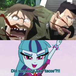 Size: 500x500 | Tagged: safe, artist:combatkaiser, screencap, sonata dusk, equestria girls, rainbow rocks, battle tendency, german, image macro, jojo's bizarre adventure, meme, photomanipulation, sonataco, taco, that girl sure loves tacos