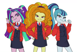 Size: 1280x860 | Tagged: safe, artist:carnifex, adagio dazzle, aria blaze, sonata dusk, equestria girls, cardigan, clothes, duct tape, feather, ruler, school uniform, schoolgirl, the dazzlings