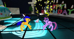 Size: 1024x536 | Tagged: safe, artist:xxflamerunnerxx, flash sentry, twilight sparkle, twilight sparkle (alicorn), alicorn, pony, 3d, dancing, female, flashlight, happy birthday, male, mare, second life, shipping, straight