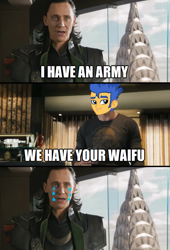 Size: 489x720 | Tagged: safe, flash sentry, equestria girls, avengers, exploitable meme, flash sentry savior of the universe, loki, meme, waifu, waifu thief