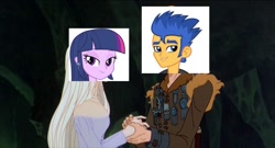 Size: 1017x549 | Tagged: safe, flash sentry, twilight sparkle, human, equestria girls, 1000 hours in ms paint, bad edit, brad, female, flashlight, lady amalthea, male, ms paint, prince lir, shipping, straight, the last unicorn