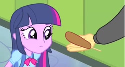 Size: 1600x861 | Tagged: safe, edit, edited screencap, screencap, flash sentry, shining armor, twilight sparkle, friendship is witchcraft, equestria girls, equestria girls (movie), brad, corndog, disembodied hand, francis sparkle, hand, horse women, offscreen character, solo focus, youtube link