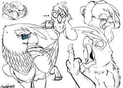 Size: 1200x857 | Tagged: safe, artist:backlash91, derpibooru import, gilda, griffon, angry, coffee, food, glasses, middle finger, sleeping