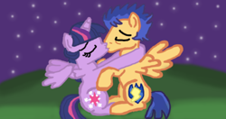 Size: 1024x539 | Tagged: safe, artist:indigorushbrony, flash sentry, twilight sparkle, twilight sparkle (alicorn), pony, equestria girls, equestria girls (movie), equestria girls ponified, female, flashlight, kissing, male, night, ponified, shipping, straight