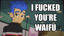 Size: 1455x818 | Tagged: safe, edit, edited screencap, screencap, flash sentry, equestria girls, equestria girls (movie), exploitable meme, flashface, forced meme, grammar error, image macro, meme, solo, vulgar, waifu thief