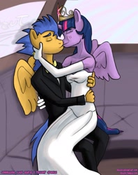 Size: 1857x2346 | Tagged: safe, artist:reashi, flash sentry, twilight sparkle, anthro, equestria girls, equestria girls (movie), clothes, dress, female, flashlight, kissing, male, straight, suit, wedding dress