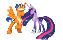 Size: 751x480 | Tagged: safe, artist:nianara, flash sentry, twilight sparkle, twilight sparkle (alicorn), alicorn, pony, equestria girls, duo, equestria girls ponified, ethereal mane, female, flashlight, galaxy mane, male, male princess, mare, ponified, prince flash sentry, race swap, shipping, straight, this will end in an alicorn baby stronger than flurry heart, tiara, ultimate twilight
