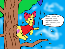 Size: 1034x773 | Tagged: safe, artist:goofermutt, apple bloom, bee, balloon, bloom butt, cutie mark, disney, fanfic, fimfiction, red shirt, stuck, the ass was fat, the cmc's cutie marks, tree, winnie the pooh