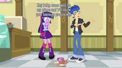 Size: 1280x720 | Tagged: safe, edit, edited screencap, screencap, flash sentry, twilight sparkle, equestria girls, equestria girls (movie), cards against equestria girls, duo, image macro, spilled drink