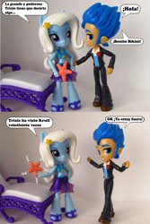 Size: 902x1349 | Tagged: safe, artist:whatthehell!?, flash sentry, trixie, equestria girls, chair, clothes, doll, equestria girls minis, eqventures of the minis, irl, krull, photo, ponied up, sandals, sarong, spanish, stars, swimsuit, toy, tuxedo