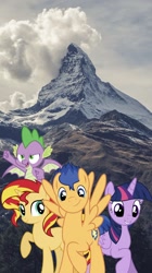 Size: 858x1536 | Tagged: safe, artist:php77, editor:php77, flash sentry, spike, sunset shimmer, twilight sparkle, twilight sparkle (alicorn), alicorn, dragon, irl, mountain, phone wallpaper, photo, wallpaper, winged spike