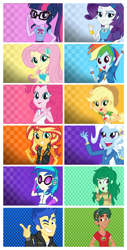 Size: 3104x6096 | Tagged: safe, applejack, dj pon-3, flash sentry, fluttershy, pinkie pie, rainbow dash, rarity, sci-twi, sunset shimmer, timber spruce, trixie, twilight sparkle, vinyl scratch, wallflower blush, better together, equestria girls, clothes, cyoa, female, geode of empathy, geode of fauna, geode of shielding, geode of sugar bombs, geode of super speed, geode of super strength, geode of telekinesis, glasses, humane five, humane seven, humane six, magical geodes, male, ponytail, sunglasses