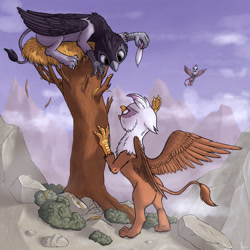 Size: 1500x1500 | Tagged: safe, artist:hieronymuswhite, derpibooru import, gilda, giselle, irma, griffon, feather, mountain, nest, tree