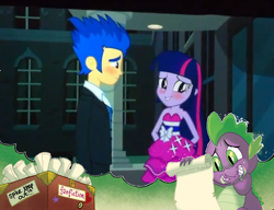 Size: 1040x798 | Tagged: safe, edit, edited screencap, idw, screencap, flash sentry, spike, twilight sparkle, equestria girls, equestria girls (movie), blushing, fall formal outfits, fanfic, female, flashlight, male, shipping, straight