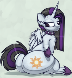 Size: 1526x1652 | Tagged: safe, artist:marsminer, princess celestia, alicorn, pony, between dark and dawn, alternate hairstyle, butt, choker, female, goth, hair dye, hoof shoes, large butt, plot, punklestia, solo, spiked choker, sunbutt, the ass was fat