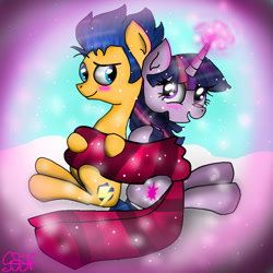 Size: 1000x1000 | Tagged: safe, artist:ghostfacenikol, flash sentry, twilight sparkle, clothes, female, flashlight, glowing horn, male, scarf, shared clothing, shared scarf, shipping, straight