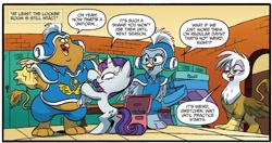 Size: 1312x693 | Tagged: safe, artist:jay fosgitt, derpibooru import, idw, gilda, greta, gretchen, rarity, griffon, pony, unicorn, spoiler:comic, spoiler:comicff24