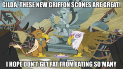 Size: 911x510 | Tagged: safe, derpibooru import, edit, edited screencap, idw, screencap, gilda, greta, king grover, griffon, spoiler:comic, alternate plumage, error, grammar error, image macro, meme, the infamous greta discrepancy, you had one job