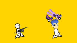 Size: 1920x1080 | Tagged: safe, artist:skiddlezizkewl, flash sentry, twilight sparkle, ak, ak-47, assault rifle, exploitable meme, fallout, gun, rifle, style emulation, waifu thief, weapon, zero punctuation