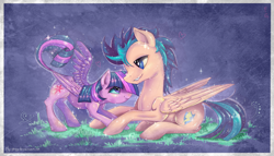 Size: 7000x4000 | Tagged: safe, artist:fly-gray, flash sentry, twilight sparkle, twilight sparkle (alicorn), alicorn, pony, eye contact, female, flashlight, grin, male, mare, shipping, smiling, sparkles, straight