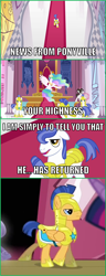 Size: 500x1301 | Tagged: safe, screencap, flash sentry, princess celestia, raven, alicorn, pony, three's a crowd, glasses, image macro, meme, royal guard