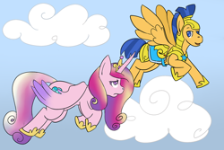 Size: 1280x853 | Tagged: safe, artist:dennelx3, flash sentry, princess cadance, alicorn, pony, 30 minute art challenge, flying