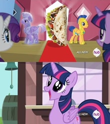 Size: 500x566 | Tagged: safe, derpibooru import, screencap, flash sentry, rarity, twilight sparkle, twilight sparkle (alicorn), alicorn, pony, unicorn, amethyst stone, eyes on the prize, female, happy, hub logo, image macro, mare, meme, open mouth, smiling, taco, taco twilight, train