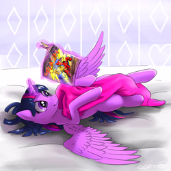 Size: 3543x3543 | Tagged: safe, artist:seer45, flash sentry, twilight sparkle, twilight sparkle (alicorn), alicorn, pony, blanket, comic book, female, flashlight, magic, male, mare, on back, shipping, straight, the flash