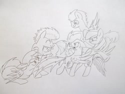 Size: 1024x768 | Tagged: safe, artist:s-o-a-r-i-n, derpibooru import, flash sentry, rainbow dash, soarin', spitfire, oc, pegasus, pony, monochrome, sketch, traditional art