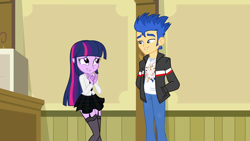 Size: 1920x1080 | Tagged: safe, edit, edited screencap, screencap, flash sentry, twilight sparkle, equestria girls, alternate costumes, aroused, clothes, garter belt, school uniform, schoolgirl, stockings