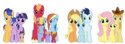 Size: 1190x425 | Tagged: safe, artist:karmadash, applejack, big macintosh, braeburn, flash sentry, fluttershy, rainbow dash, soarin', twilight sparkle, twilight sparkle (alicorn), oc, oc:apple crumble, oc:apple crunch, oc:apple slash, oc:night shine, oc:zapple, oc:zappletta, alicorn, earth pony, pegasus, pony, baby, baby ponies, baby pony, braeshy, fanfic art, female, flashlight, male, mare, offspring, parent:applejack, parent:big macintosh, parent:braeburn, parent:flash sentry, parent:fluttershy, parent:rainbow dash, parent:soarin', parent:twilight sparkle, parents:braeshy, parents:flashlight, parents:rainbowmac, parents:soarinjack, pony with birthmarks, rainbowmac, shipping, short hair rainbow dash, soarinjack, straight