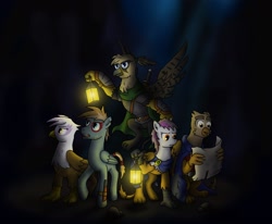 Size: 1700x1400 | Tagged: safe, artist:raugos, derpibooru import, gilda, oc, oc:lenny redtail, griffon, hippogriff, armor, cover art, fanfic art, lantern