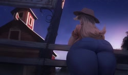 Size: 1200x706 | Tagged: safe, artist:maarthul, applejack, human, applebucking thighs, applebutt, applejack's hat, ass, butt, cowboy hat, female, hat, humanized, large butt, rear view, solo, sweet apple acres, the ass was fat