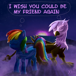 Size: 2000x2000 | Tagged: safe, artist:xbi, derpibooru import, gilda, rainbow dash, griffon, pegasus, pony, griffon the brush off, heartwarming in hindsight, sad