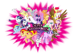 Size: 4100x2900 | Tagged: safe, artist:mofetafrombrooklyn, derpibooru import, angel bunny, apple bloom, applejack, bulk biceps, button mash, derpy hooves, fluttershy, gilda, princess cadance, rainbow dash, rarity, scootaloo, shining armor, starlight glimmer, sunset shimmer, sweetie belle, twilight sparkle, twilight sparkle (alicorn), oc, oc:fluffle puff, alicorn, earth pony, griffon, pegasus, pony, unicorn, cutie mark crusaders, female, mare, super smash bros.