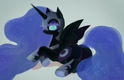 Size: 1200x773 | Tagged: safe, artist:kirinit, nightmare moon, alicorn, pony, black coat, butt, ethereal mane, female, full body, helmet, hoof shoes, horn, looking at you, lying down, mane, mare, nightmare moonbutt, plot, simple background, solo, starry mane, the ass was fat