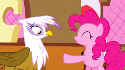 Size: 1366x768 | Tagged: safe, derpibooru import, screencap, gilda, pinkie pie, earth pony, griffon, pony, griffon the brush off