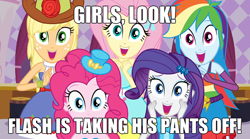 Size: 720x399 | Tagged: safe, applejack, flash sentry, fluttershy, pinkie pie, rainbow dash, rarity, equestria girls, exploitable meme, flash sentry gets all the mares, flash sentry savior of the universe, meme, she wants the d