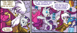 Size: 584x254 | Tagged: safe, artist:jay fosgitt, derpibooru import, edit, idw, gilda, rarity, griffon, pony, unicorn, comic, text edit