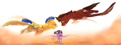 Size: 1024x385 | Tagged: safe, artist:keekoi, flash sentry, twilight sparkle, twilight sparkle (alicorn), oc, oc:courageous heart, alicorn, pegasus, pony, action pose, alicorn oc, commission, donut steel, eye contact, female, fight, flashlight, flying, glare, gritted teeth, male, royal guard, self insert, shipping, straight, twileous