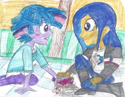 Size: 1013x788 | Tagged: safe, artist:brookellyn, dusk shine, flare warden, flash sentry, equestria girls, crayon drawing, duskflare, equestria guys, flashlight, male, pencil drawing, rule 63, traditional art