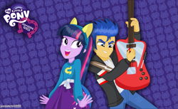 Size: 1143x698 | Tagged: safe, artist:jucamovi1992, flash sentry, twilight sparkle, equestria girls, female, flashlight, guitar, male, shipping, straight