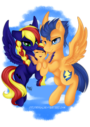 Size: 2893x4092 | Tagged: safe, artist:julunis14, flash sentry, oc, oc:jade spark, pegasus, pony, canon x oc, colored wings, colored wingtips, commission, family, female, flying, jadentry, male, offspring, parent:flash sentry, parent:oc:jade spark, parents:canon x oc, parents:jadentry, shipping, straight