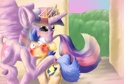 Size: 1584x1080 | Tagged: safe, artist:firefanatic, flash sentry, twilight sparkle, twilight sparkle (alicorn), alicorn, pony, big grin, blushing, crown, female, flashlight, fluffy, grin, jewelry, kiss mark, leonine tail, lipstick, male, regalia, shipping, size difference, smaller male, smiling, straight