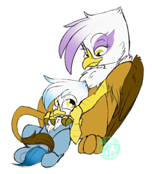 Size: 1879x2155 | Tagged: safe, artist:farewelldecency, derpibooru import, gilda, oc, oc:gren, classical hippogriff, griffon, hippogriff, hybrid, cute, female, interspecies offspring, magical lesbian spawn, male, mother and child, mother and son, next generation, offspring, parent and child, parent:gilda, parent:rainbow dash, parents:gildash