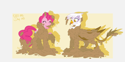 Size: 2000x1000 | Tagged: safe, artist:akashasi, derpibooru import, gilda, pinkie pie, earth pony, griffon, pony, cute, messy, mud, playing