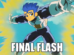 Size: 640x480 | Tagged: safe, flash sentry, equestria girls, dragon ball, dragon ball z, exploitable meme, final flash, flash sentry savior of the universe, meme, solo, super saiyan, vegeta