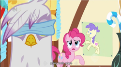 Size: 857x473 | Tagged: safe, derpibooru import, screencap, gilda, pinkie pie, earth pony, griffon, pony, griffon the brush off, blindfold, ei, implied bisexual, meme, pin the tail on the pony, youtube caption