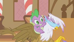 Size: 1280x720 | Tagged: safe, derpibooru import, screencap, gilda, spike, dragon, griffon, griffon the brush off, blindfold, out of context